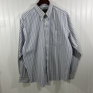 Eddie Bauer Men Large Button Up Shirt White Blue Relaxed Fit 100% Cotton